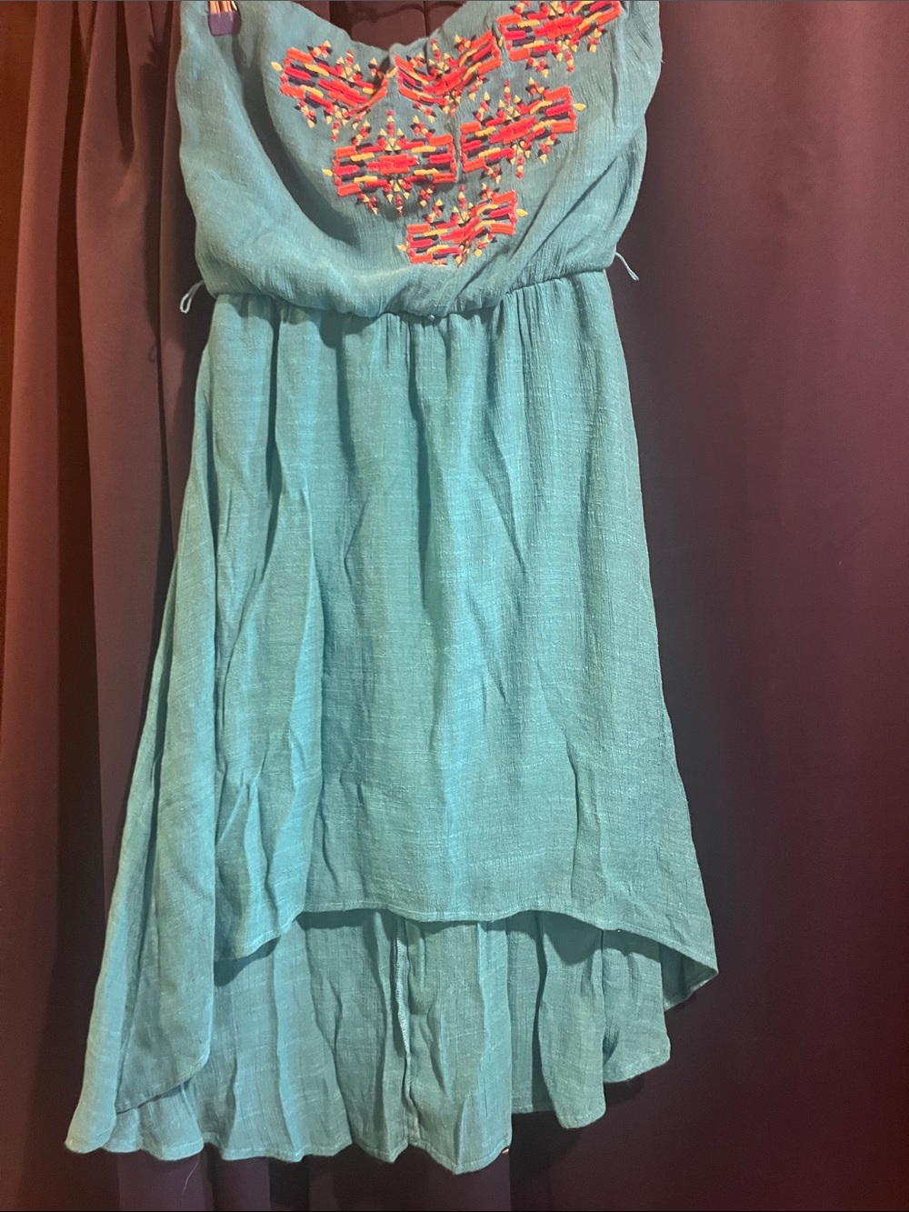 American Rag Teal Strapless High-Low Dress with Colorful Embroidery